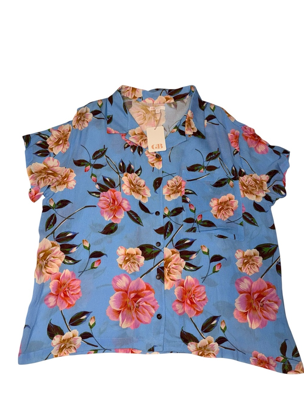 Gianni Bini Blue Button-Up Short Sleeve Top with Pink Floral Print